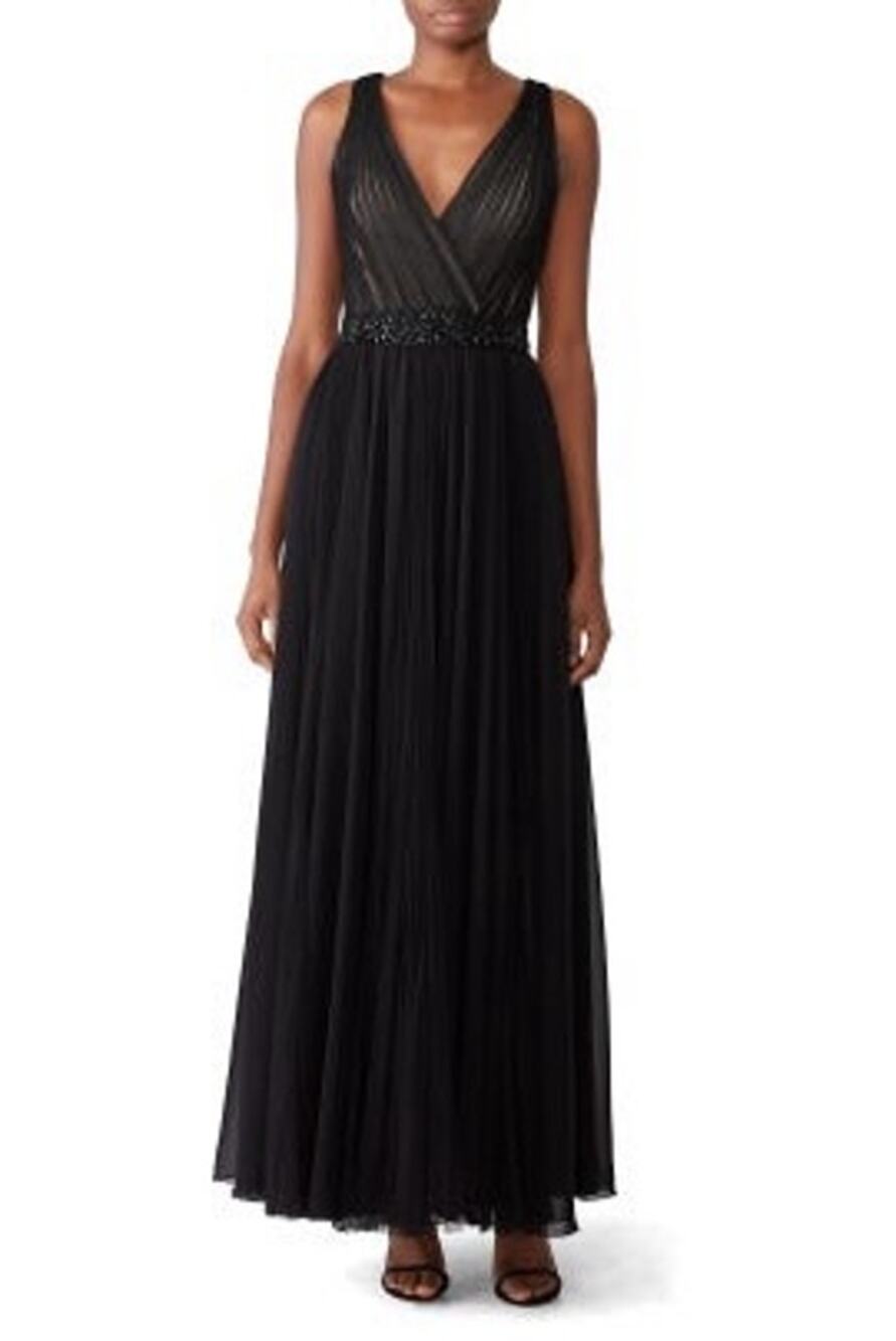 Badgley Mischka Black pleated Tulle Chiffon V-neck Gown size 2